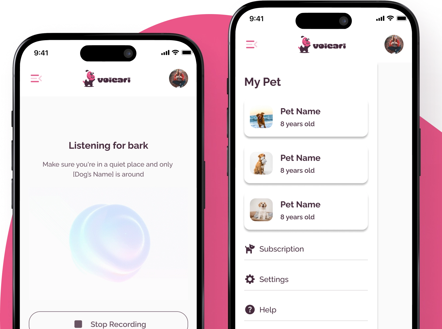 Voicari app — 2 iPhone mockups