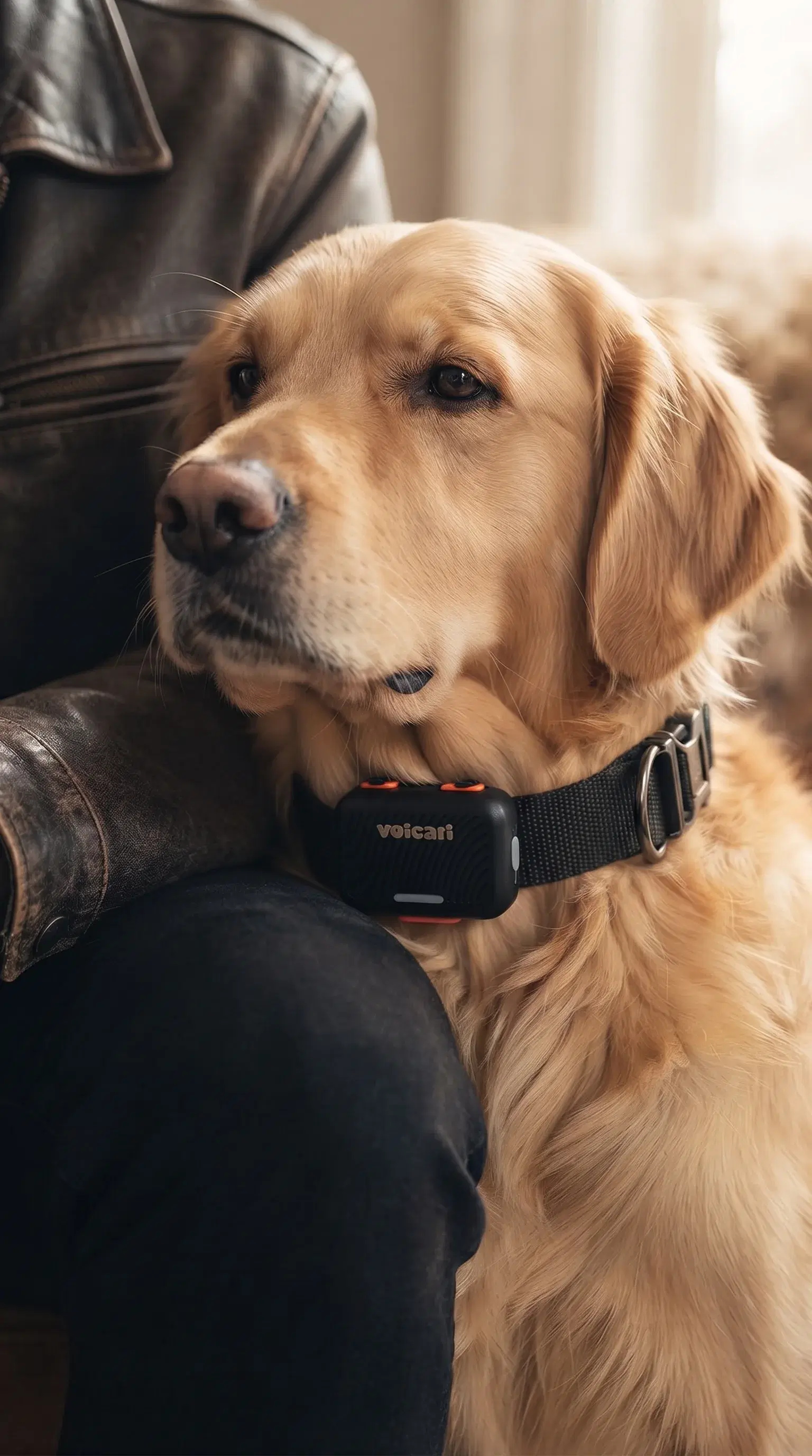 Golden Retriever wearing the Voicari smart collar next to someone's leg